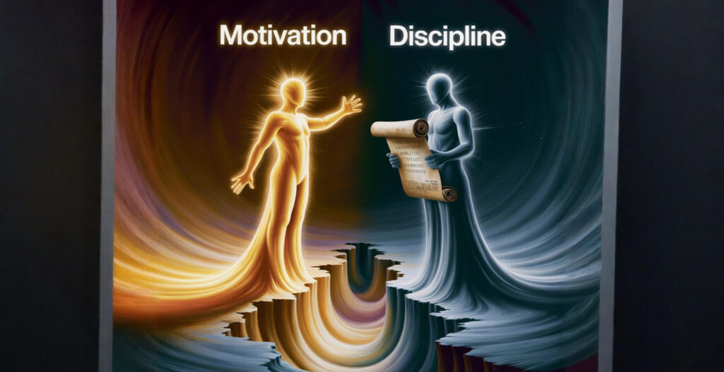 Abstract artwork showing motivation vs discipline as glowing figures, symbolising the difference between emotional drive and consistent habits.